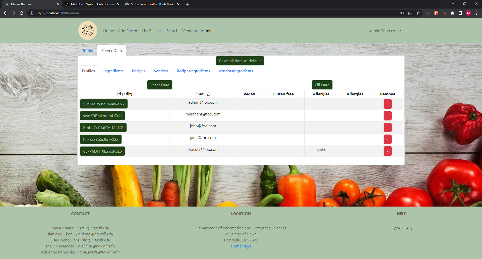 Screenshot of the Manoa Recipes website admin data list page