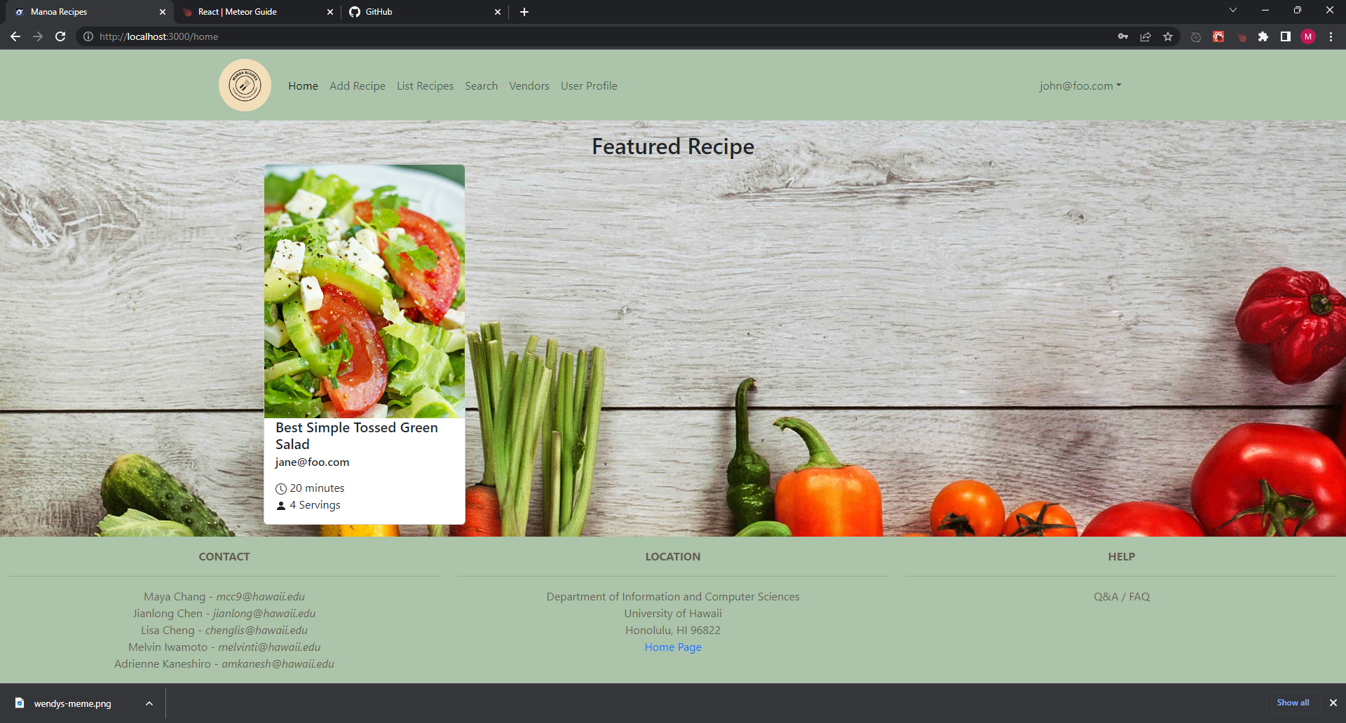 Screenshot of the Manoa Recipes website home page