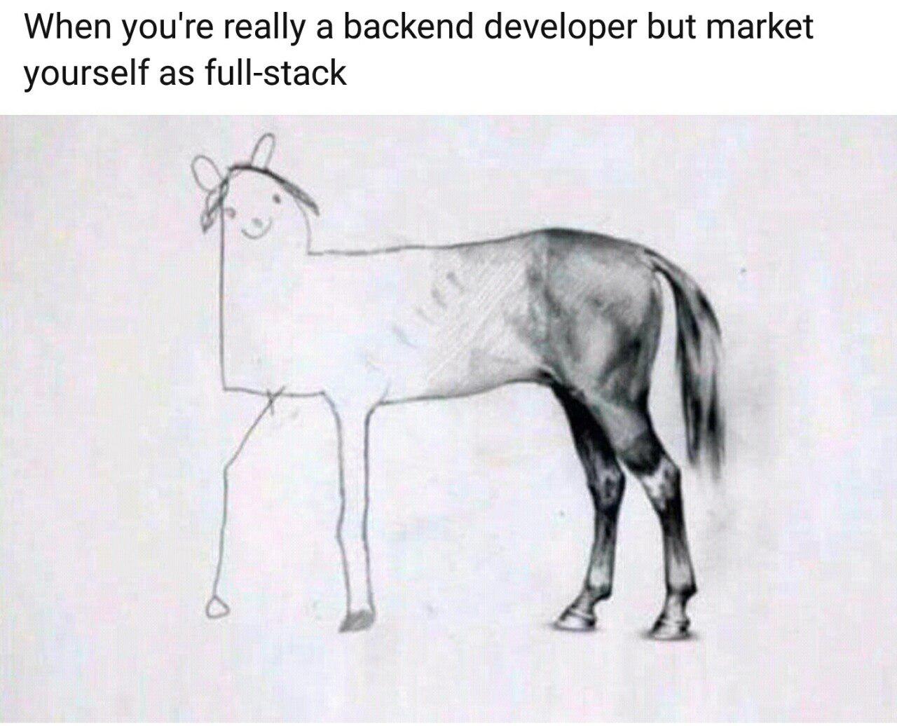 Drawing of a horse with a very simple front-end and a very detailed back-end 