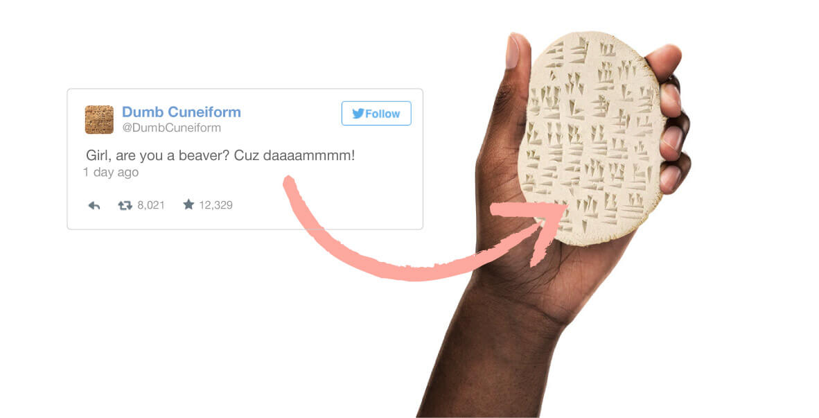 Picture of a text-message translated to cuneiform and written onto a clay tablet